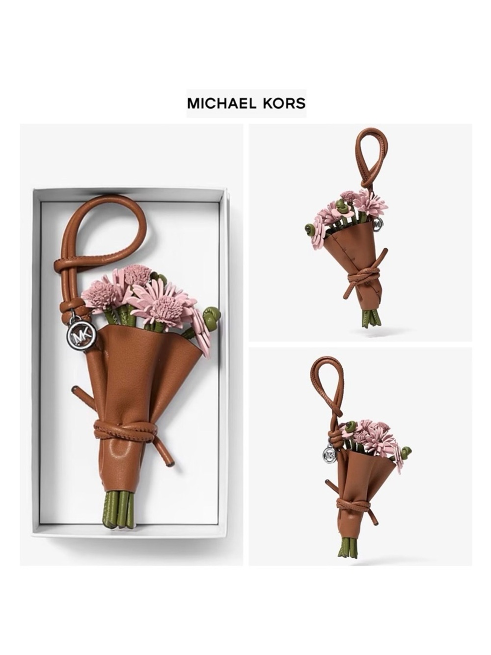 NWT MICHAEL KORS Smooth Leather Floral Bouquet Leather Loop Bag Charm/Key Chain - Picture 2 of 11